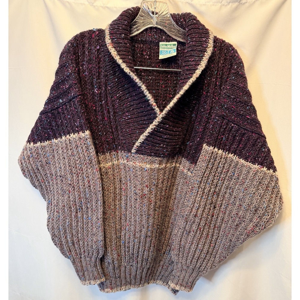 VTG John Molloy Size XL Irish Wool Shawl Collar Sweater Chunky Knit Black Gray